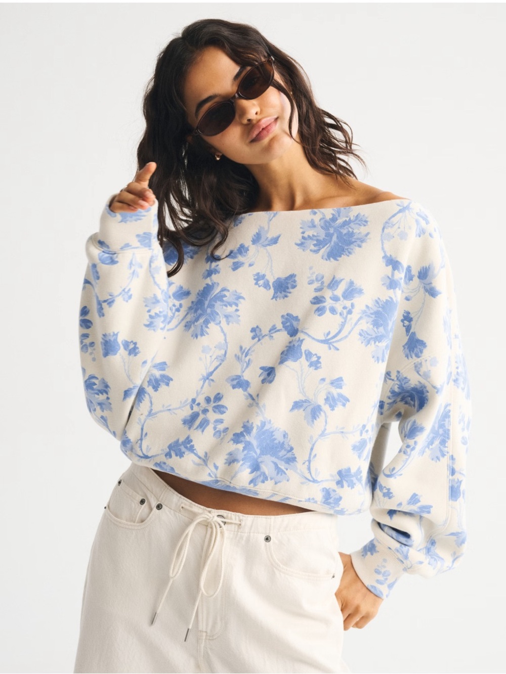 Abercrombie & Fitch Off-the-Shoulder Floral Sweater - Blue & White